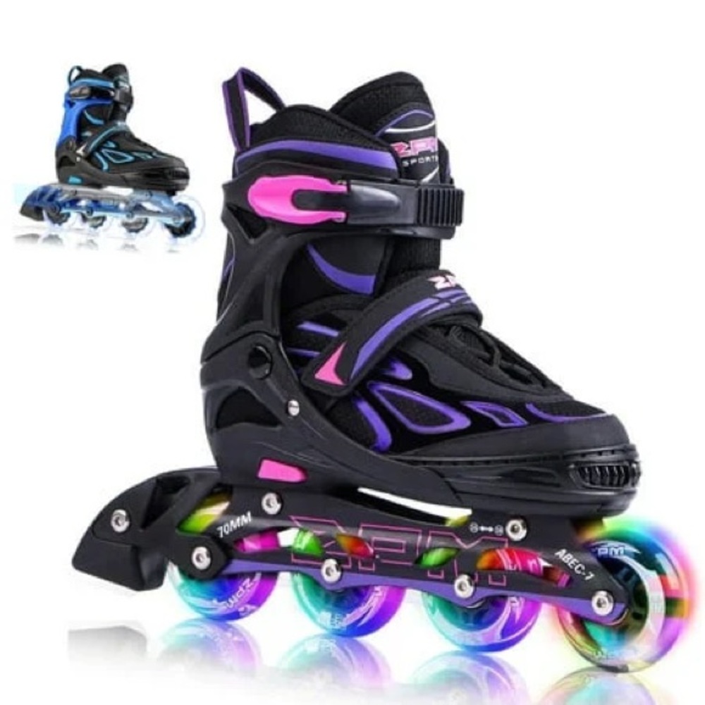 Youth Black and Purple Roller Skates with LED Wheels-Adjustable Size-Brand New